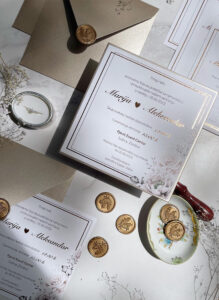 2 Elegant Beige Flower Gold Frame Wedding Invitation