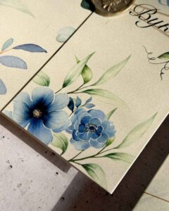 2 Green Leaf Blue Flower Wedding Invitation