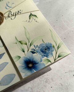 3 Green Leaf Blue Flower Wedding Invitation