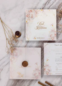 3 Soft Pink Rose Blush Gold Foil Wedding Invitation