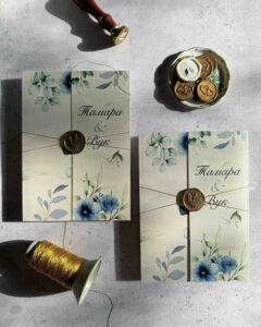 5 Green Leaf Blue Flower Wedding Invitation